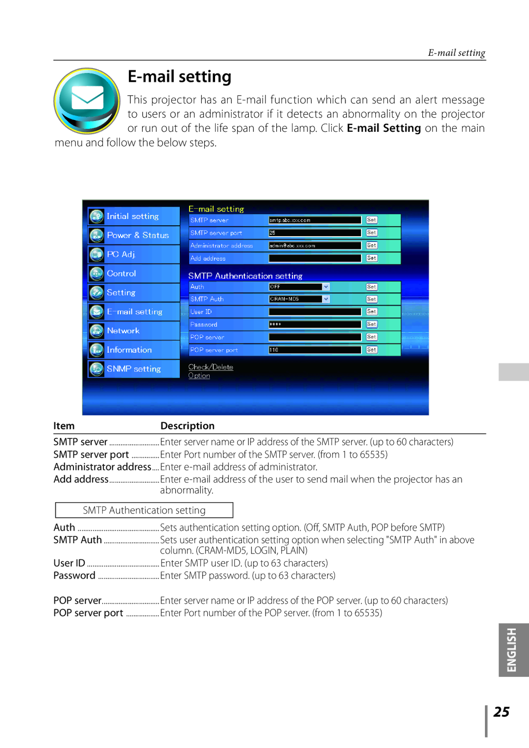 Sanyo Proj05 owner manual Mail setting 