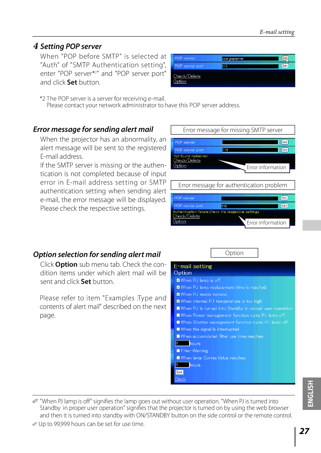 Sanyo Proj05 owner manual Setting POP server, Error message for sending alert mail 