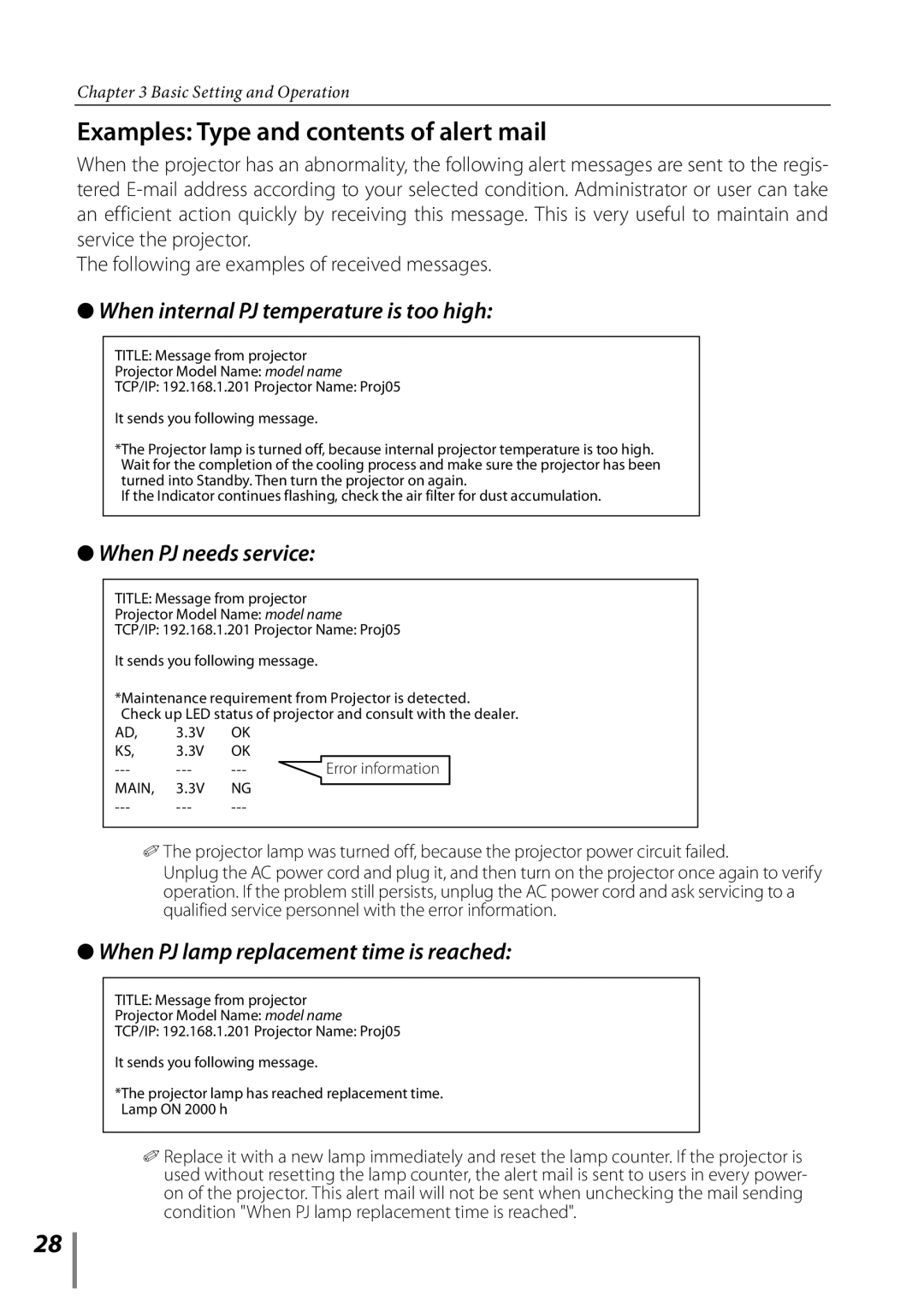 Sanyo Proj05 owner manual Examples Type and contents of alert mail 