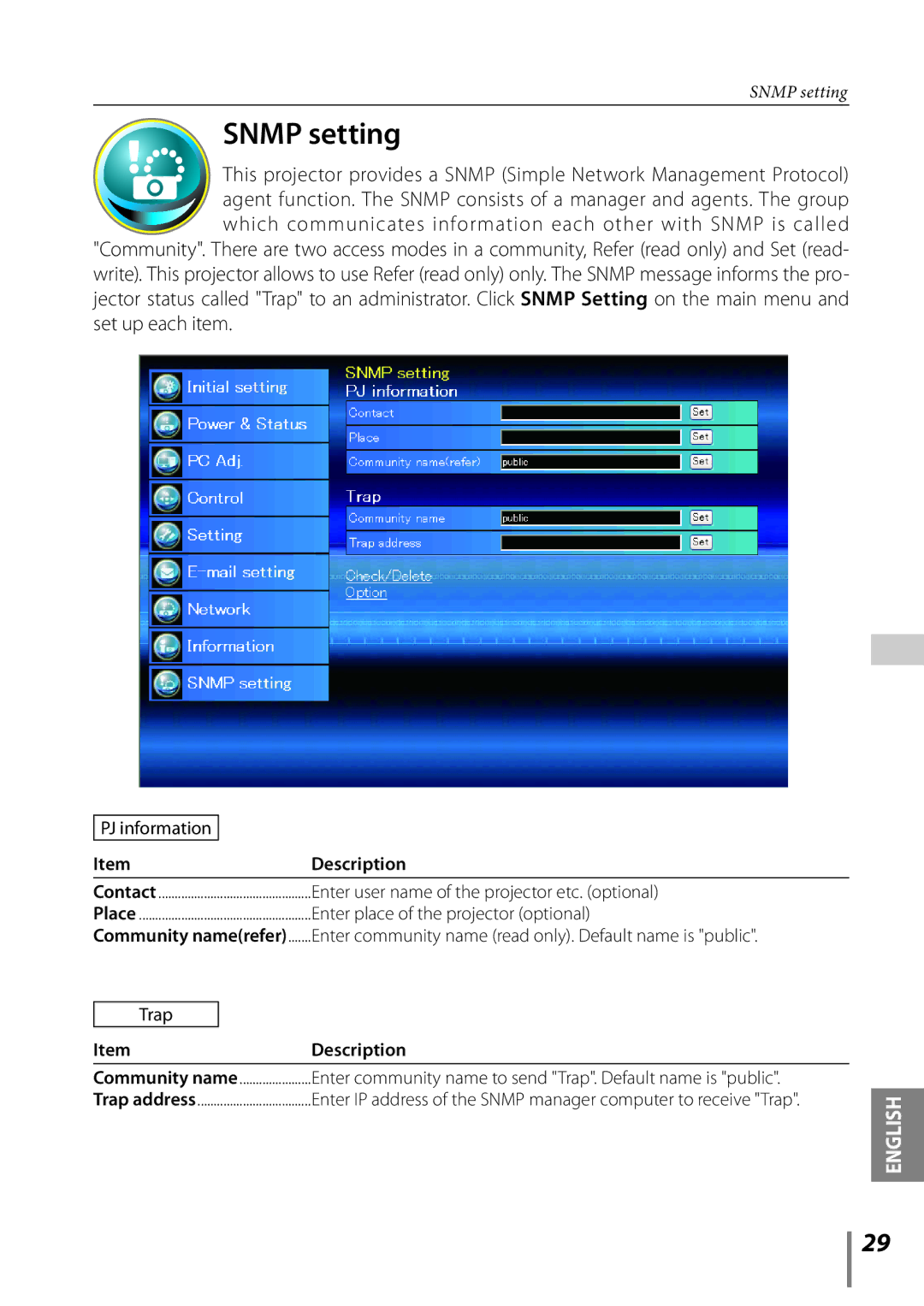 Sanyo Proj05 owner manual Snmp setting, PJ information, Enter user name of the projector etc. optional 