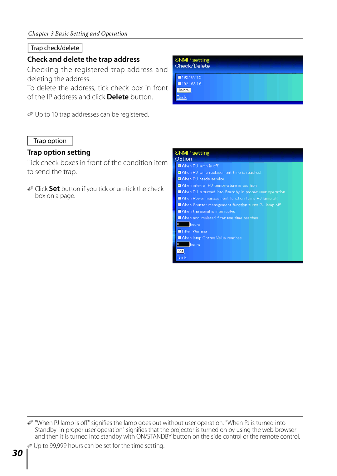 Sanyo Proj05 owner manual Trap check/delete, Click Set button if you tick or un-tick the check box on a 