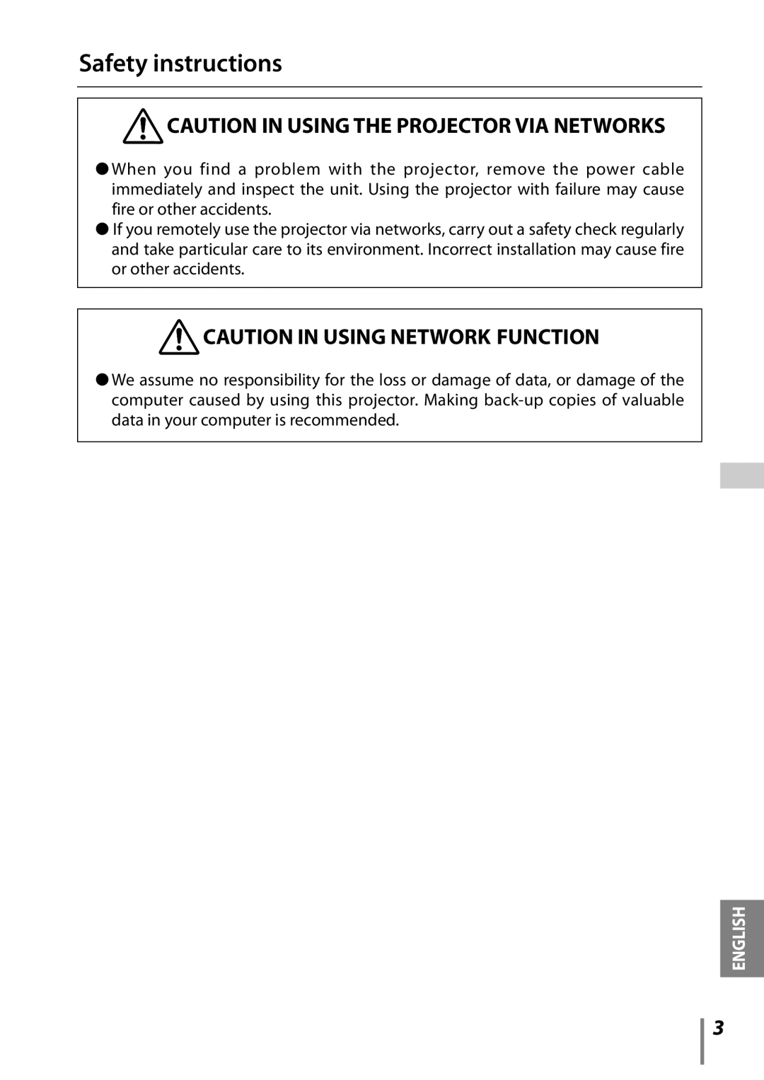 Sanyo owner manual Safety instructions, Caution In Using The Projector Via Networks, Caution In Using Network Function 