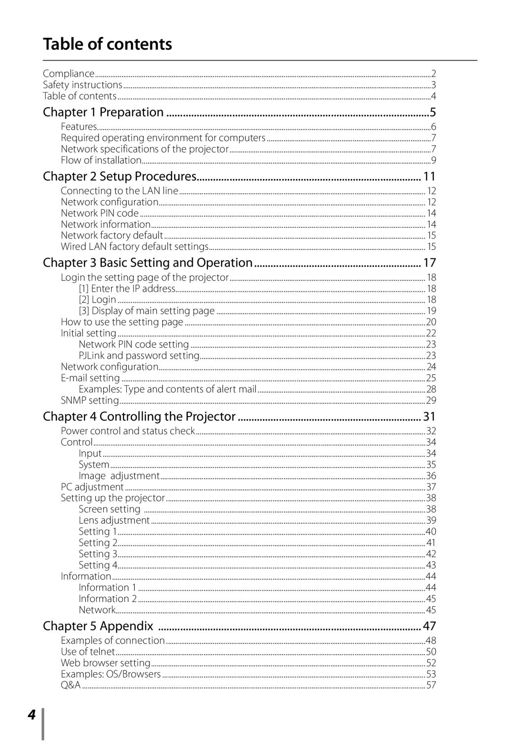 Sanyo owner manual Table of contents, Setup Procedures, Basic Setting and Operation, Controlling the Projector, Appendix 