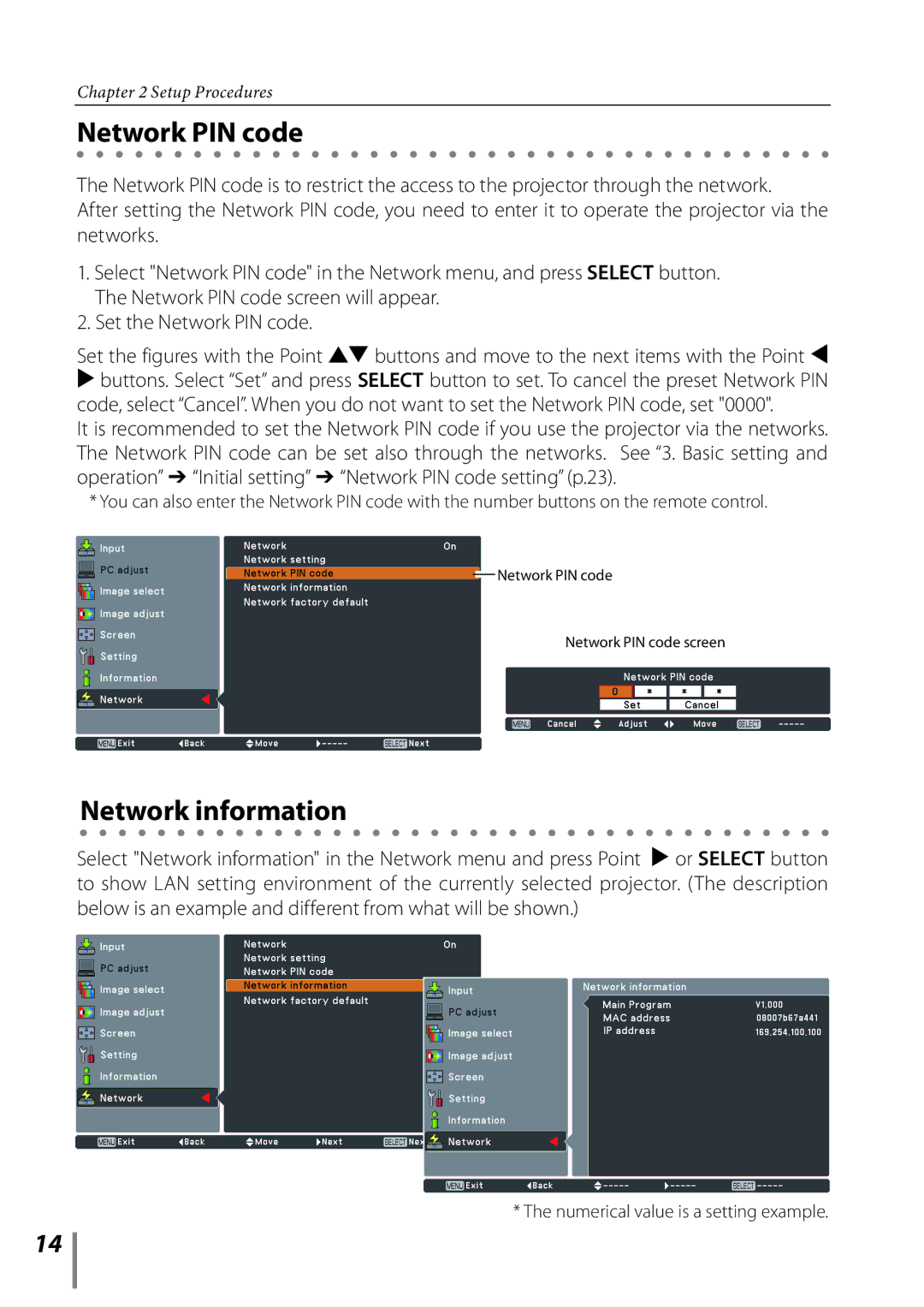 Sanyo Projector owner manual Network PIN code, Numerical value is a setting example 