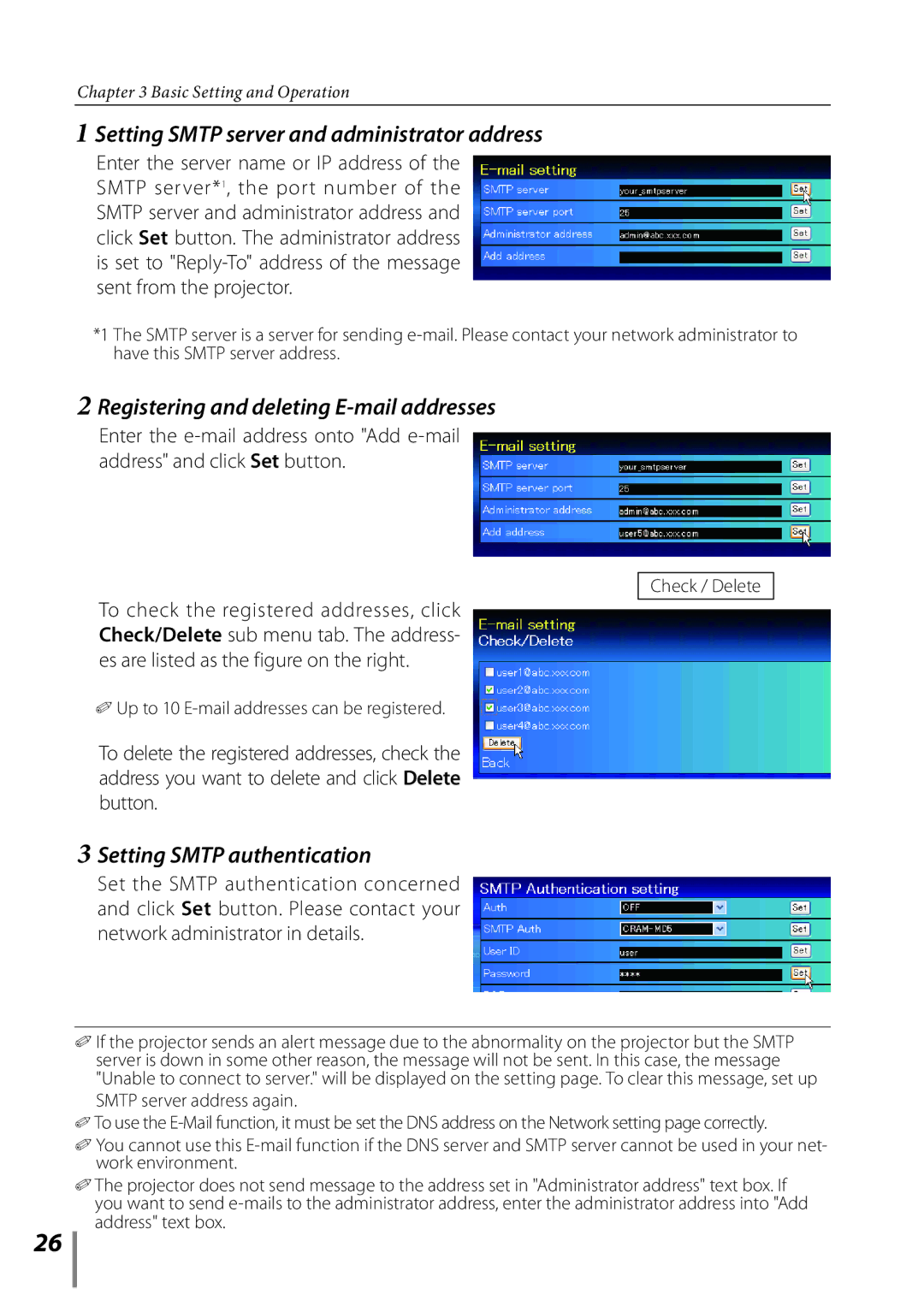 Sanyo Projector Setting Smtp server and administrator address, Registering and deleting E-mail addresses, Check / Delete 