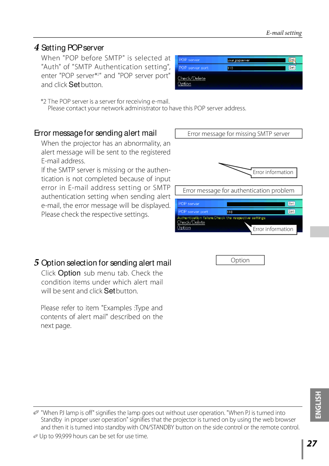 Sanyo Projector owner manual Setting POP server, Error message for sending alert mail 