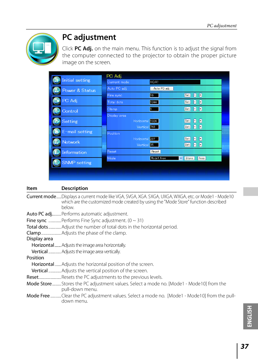 Sanyo Projector owner manual PC adjustment 