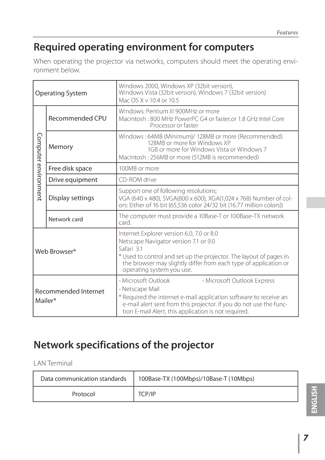 Sanyo Projector owner manual Required operating environment for computers, Network specifications of the projector 