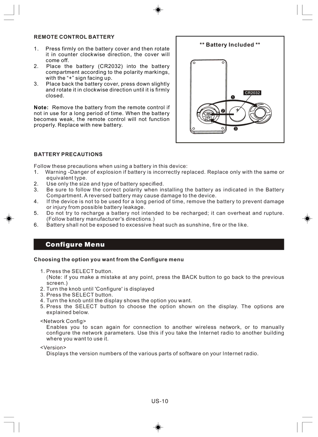 Sanyo R227 instruction manual Configure Menu, US-10 