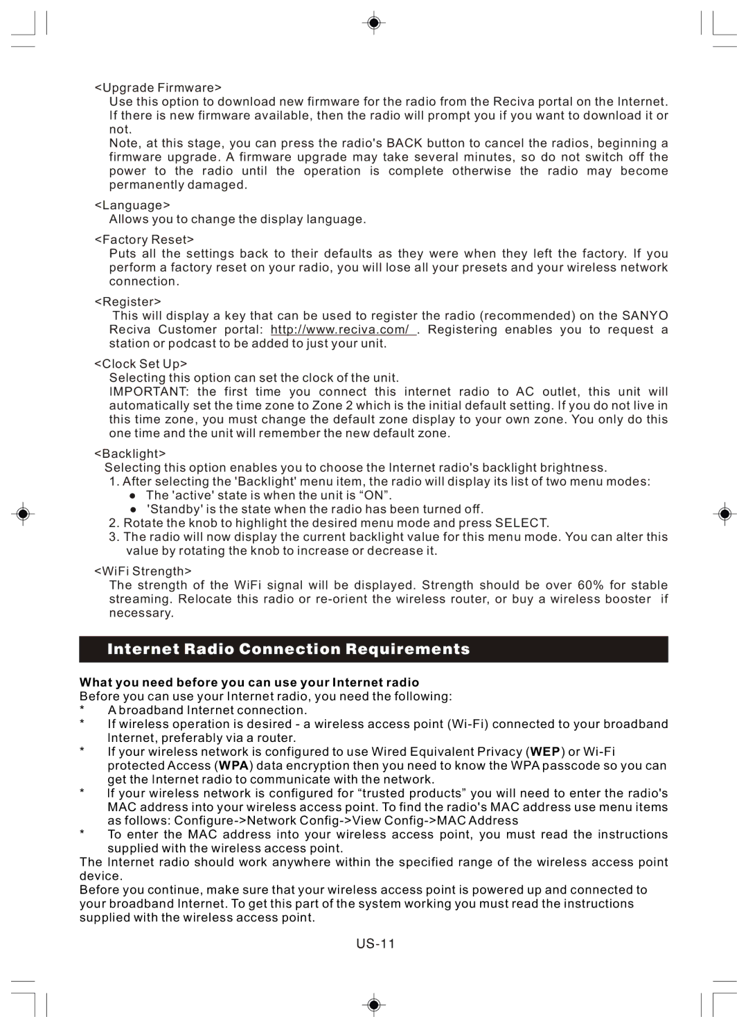 Sanyo R227 Internet Radio Connection Requirements, US-11, What you need before you can use your Internet radio 