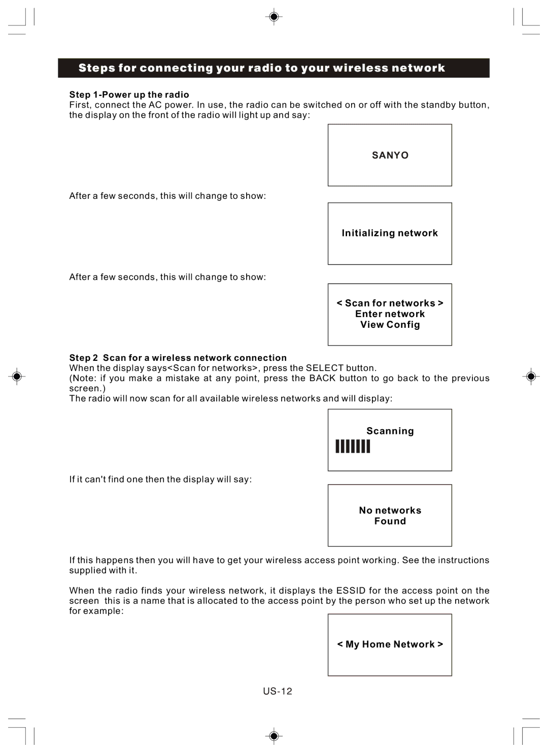 Sanyo R227 instruction manual Steps for connecting your radio to your wireless network 