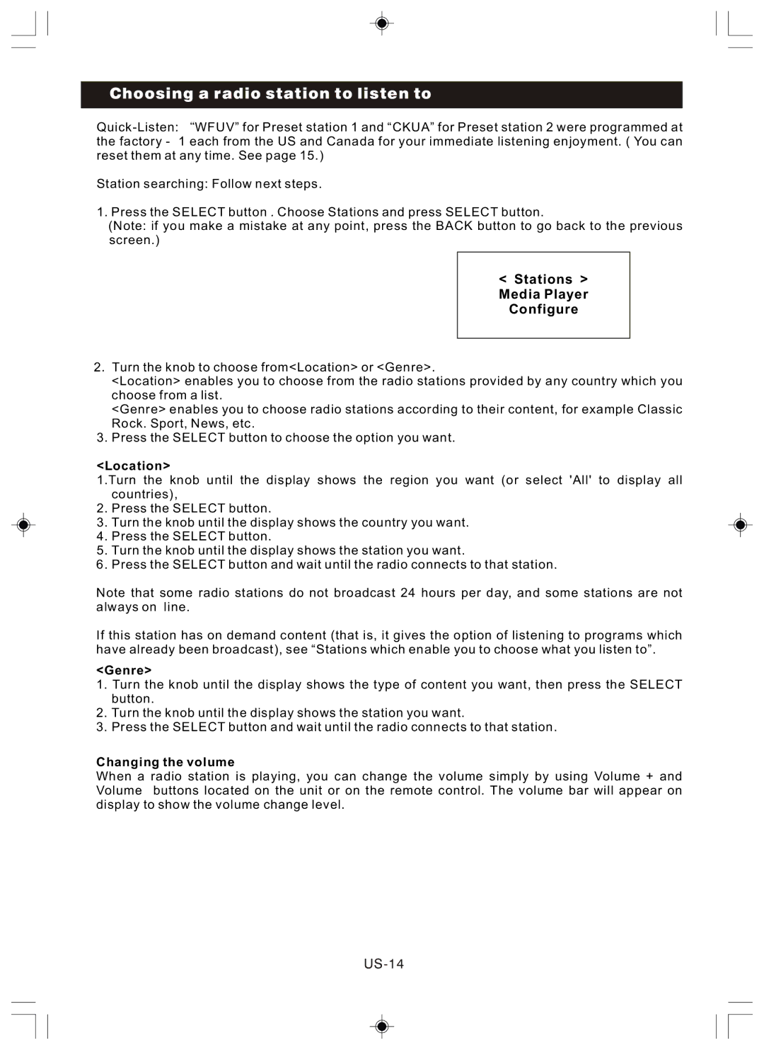 Sanyo R227 instruction manual Choosing a radio station to listen to, Stations Media Player Configure, US-14 