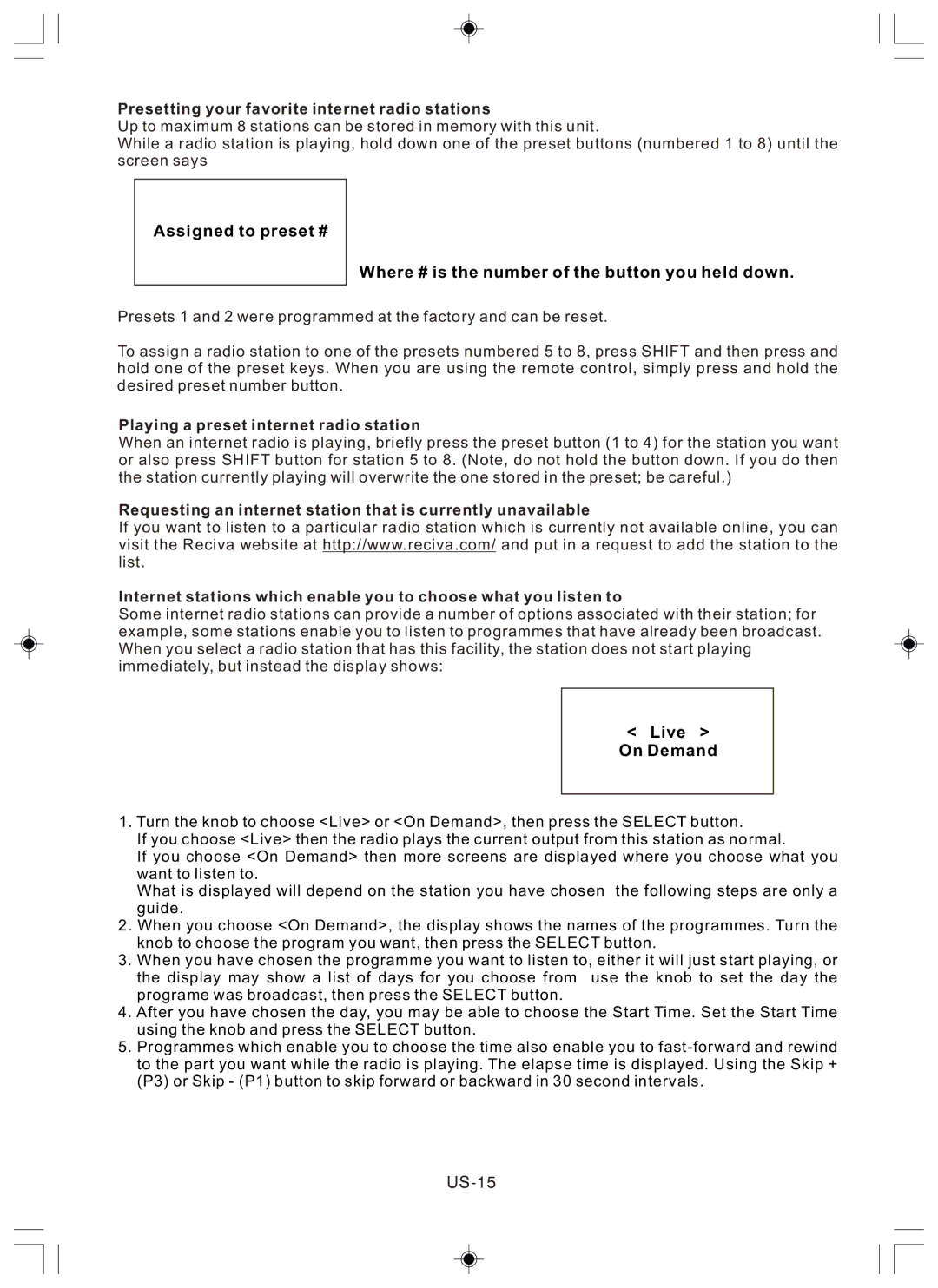 Sanyo R227 instruction manual Live On Demand, US-15 