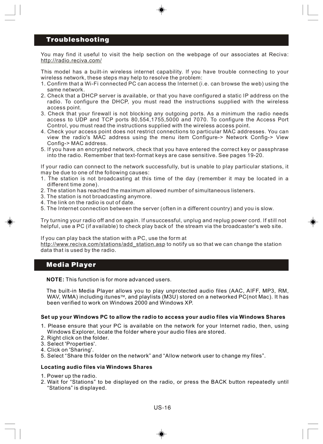 Sanyo R227 instruction manual Troubleshooting, Media Player, US-16, Locating audio files via Windows Shares 