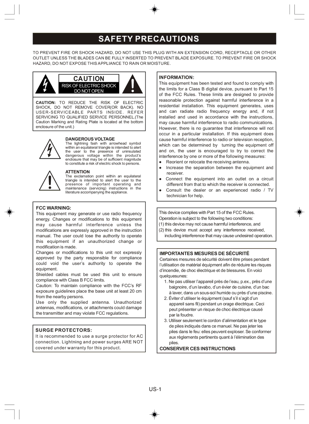 Sanyo R227 instruction manual Safety Precautions, US-1 