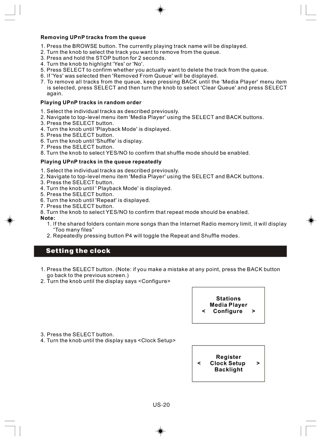 Sanyo R227 instruction manual Setting the clock, Register Clock Setup Backlight, US-20 