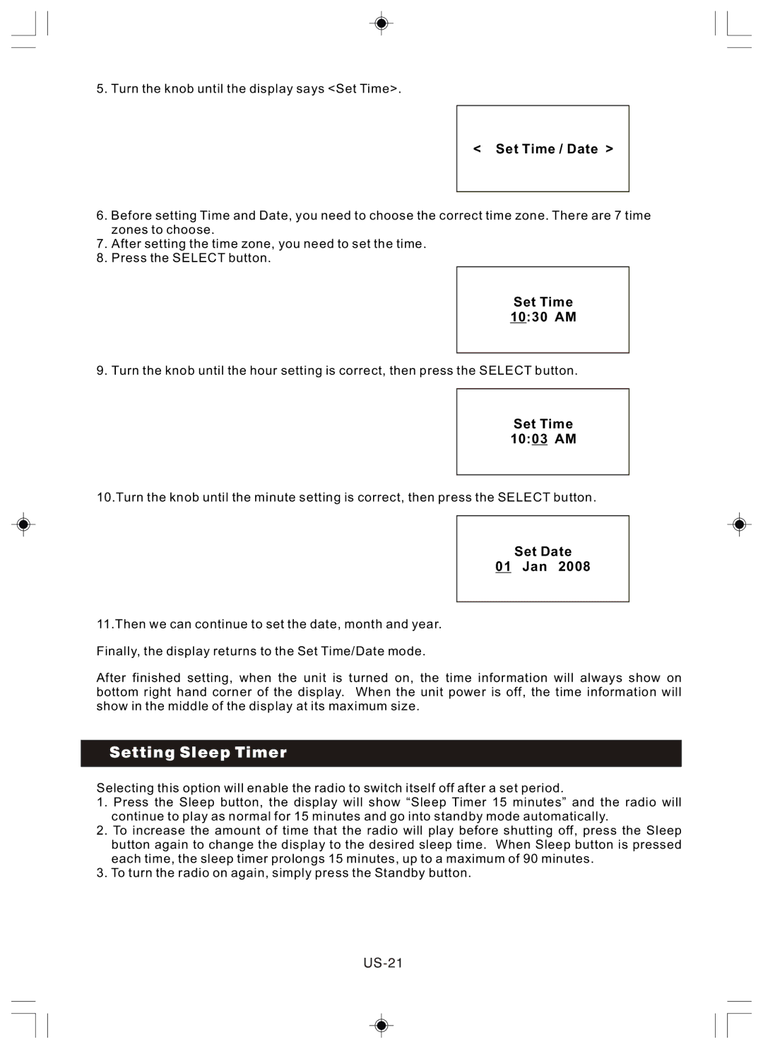 Sanyo R227 instruction manual Setting Sleep Timer, Set Time / Date, Set Time 1030 AM, Set Time 1003 AM, Set Date 01 Jan 