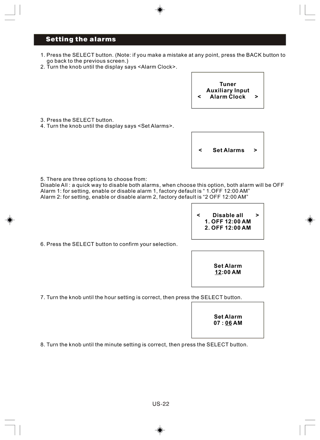 Sanyo R227 instruction manual Setting the alarms 