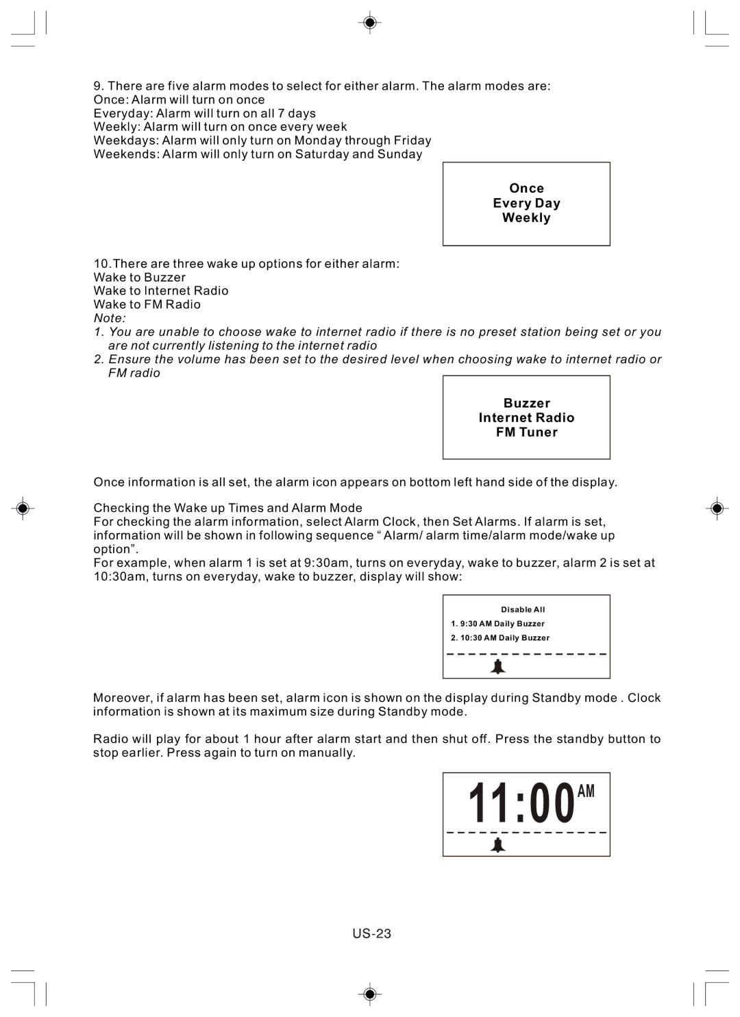 Sanyo R227 instruction manual Once Every Day Weekly, Buzzer Internet Radio FM Tuner, US-23 