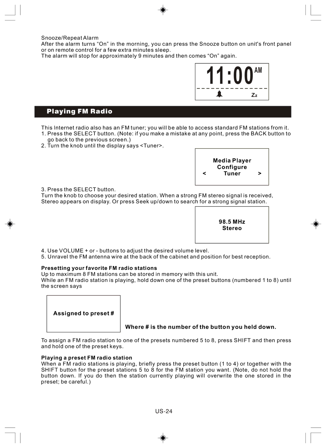 Sanyo R227 instruction manual Playing FM Radio, Media Player Configure Tuner, MHz Stereo, US-24 