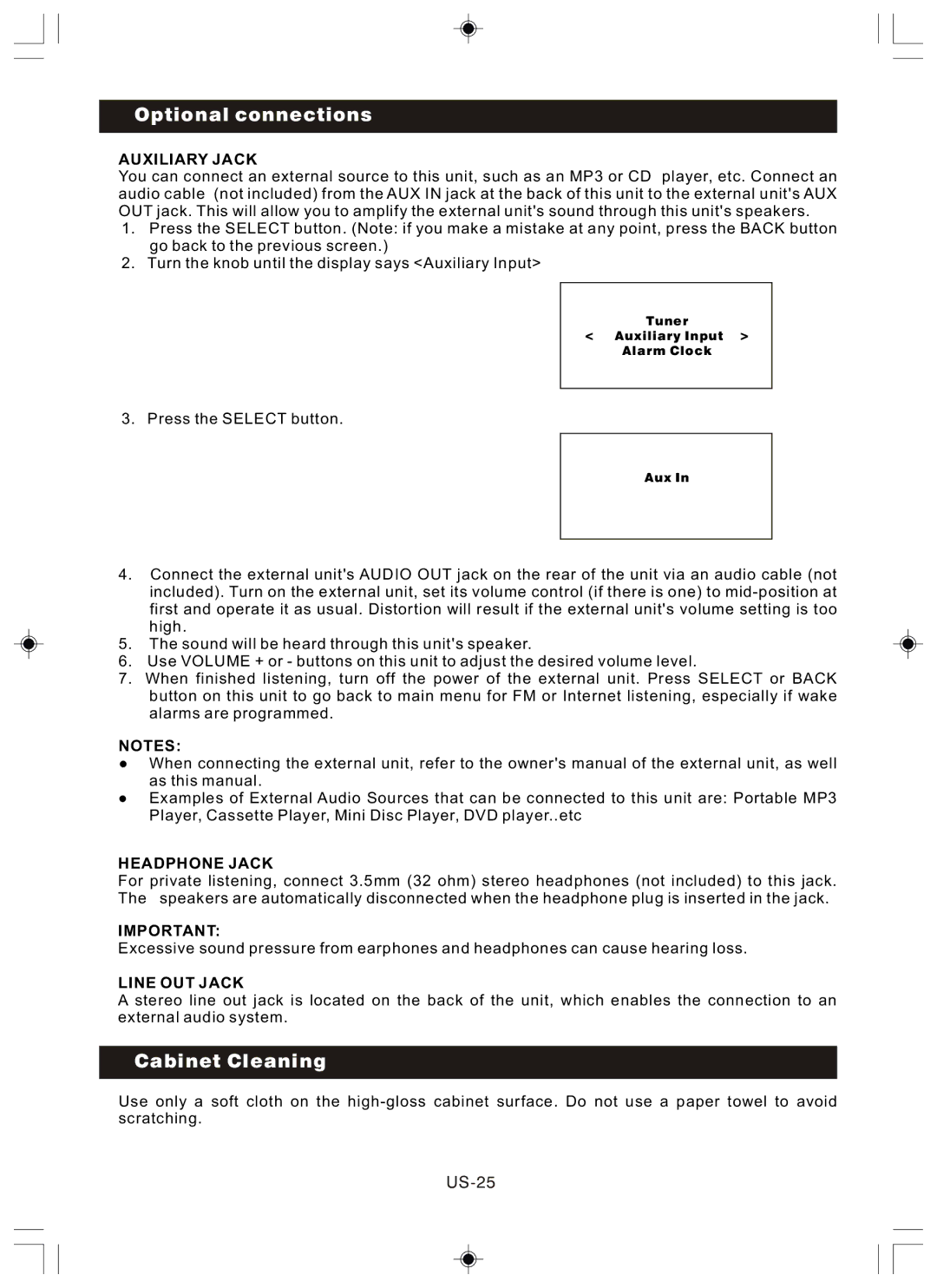 Sanyo R227 instruction manual Optional connections, Cabinet Cleaning, US-25 