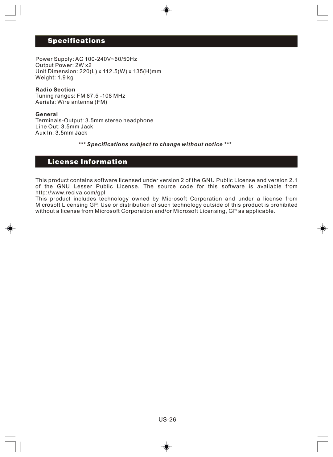 Sanyo R227 instruction manual Specifications, License Information, US-26 