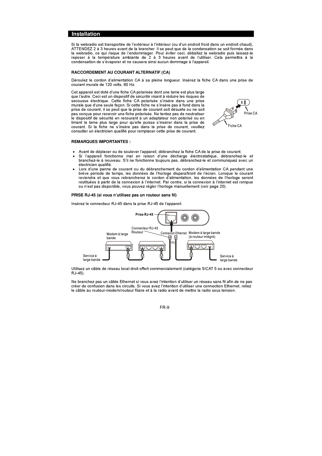 Sanyo R227 instruction manual Installation, FR-9, Prise RJ-45 si vous n’utilisez pas un routeur sans fil 