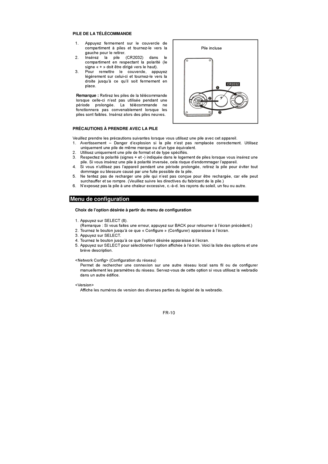 Sanyo R227 instruction manual Menu de configuration, FR-10, Choix de l’option désirée à partir du menu de configuration 