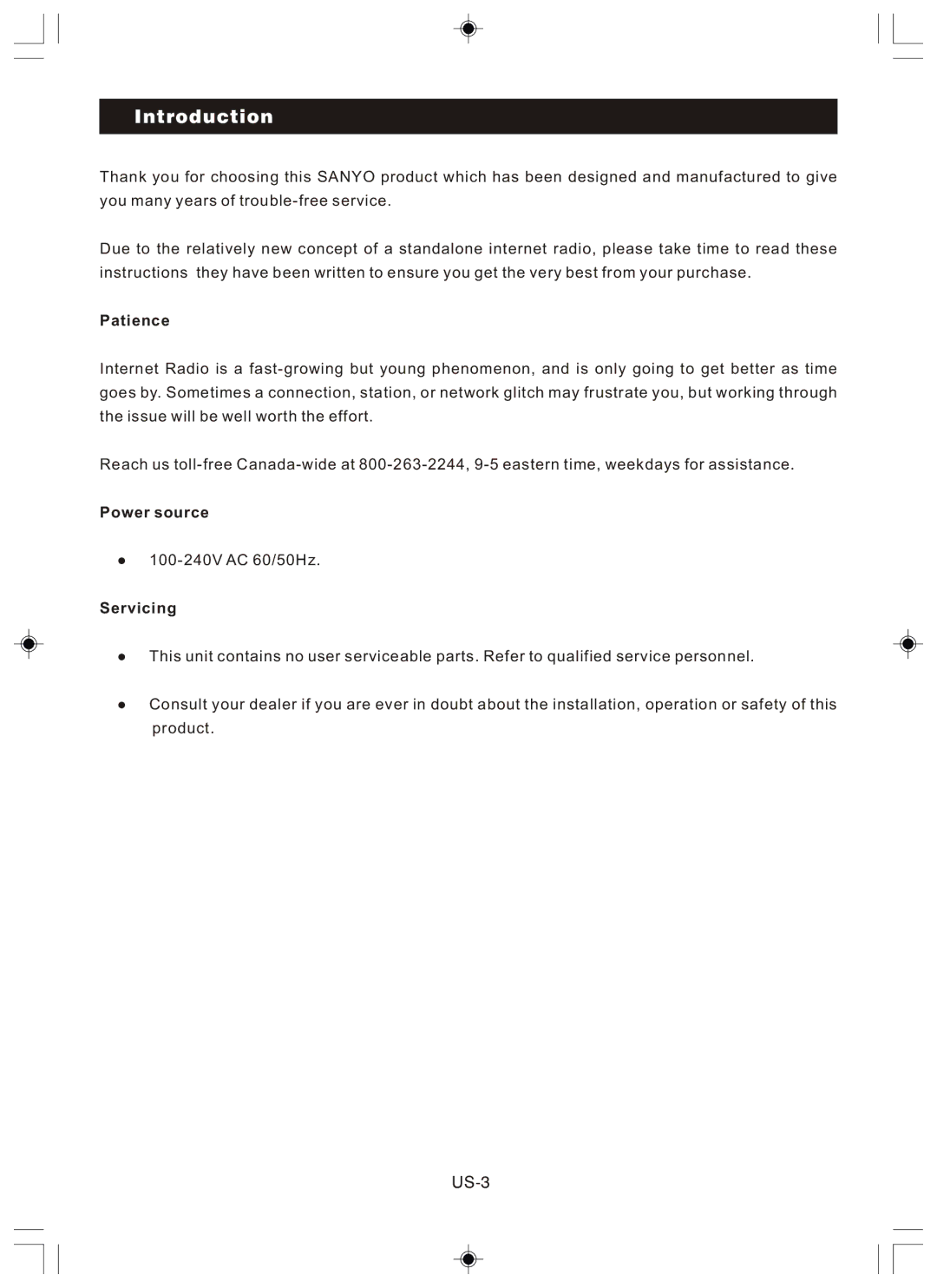 Sanyo R227 instruction manual Introduction, US-3 