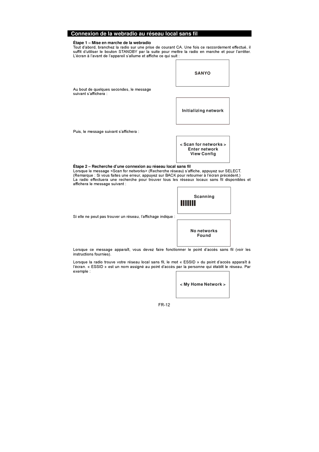 Sanyo R227 instruction manual Connexion de la webradio au réseau local sans fil, FR-12 