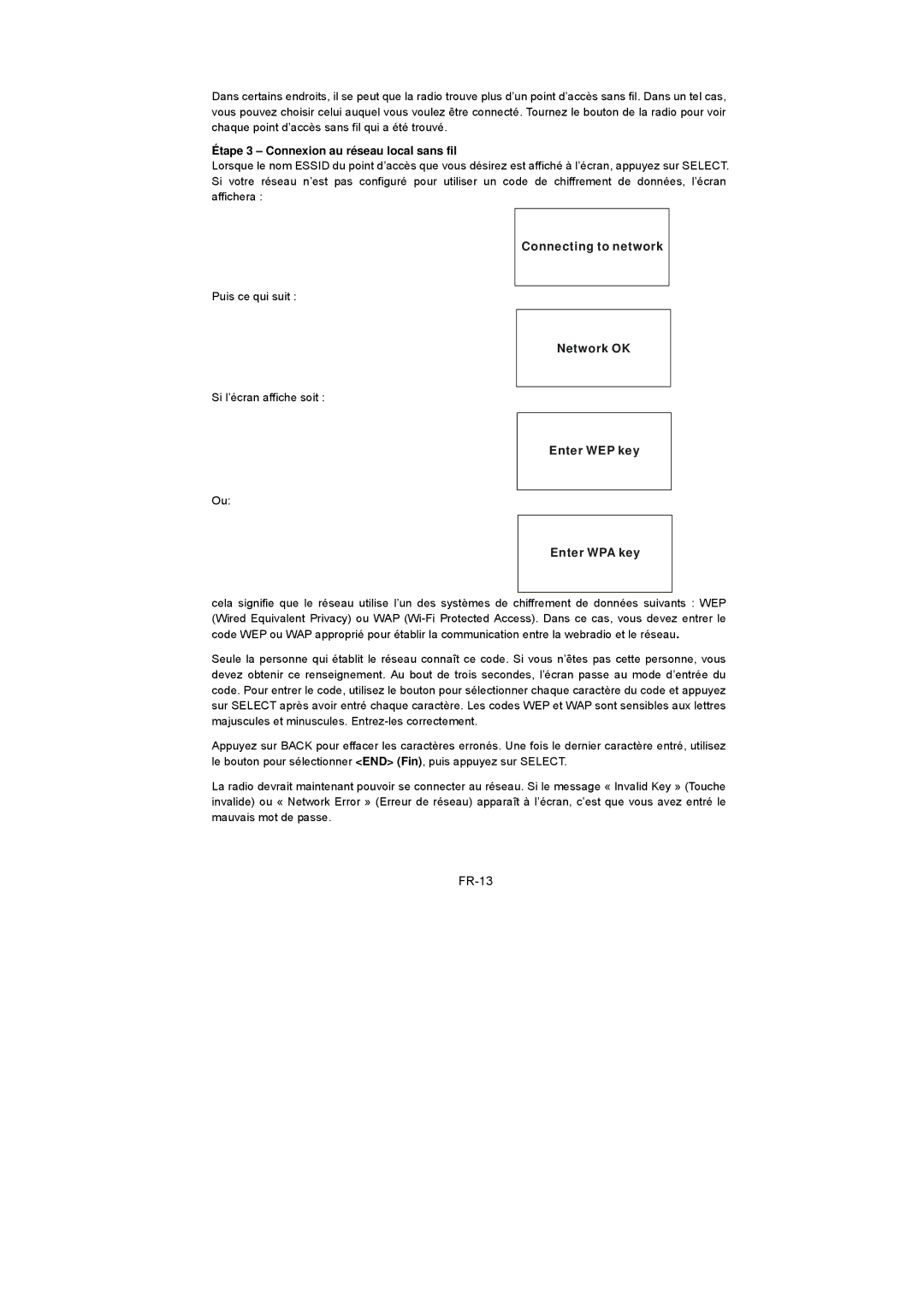 Sanyo R227 instruction manual FR-13, Étape 3 Connexion au réseau local sans fil, Connecting to network, Network OK 