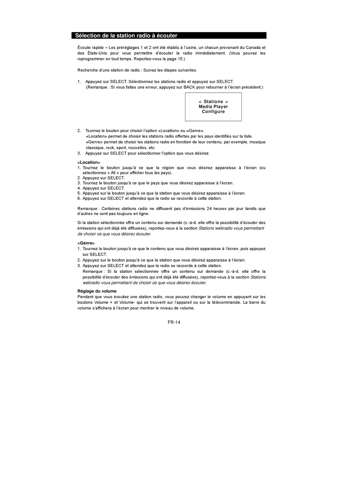 Sanyo R227 Sélection de la station radio à écouter, FR-14, Stations Media Player Configure, Réglage du volume 