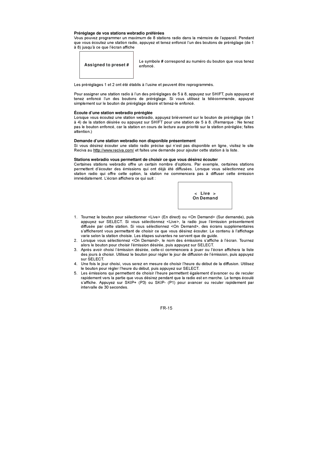 Sanyo R227 instruction manual FR-15, Préréglage de vos stations webradio préférées, Assigned to preset #, Live On Demand 