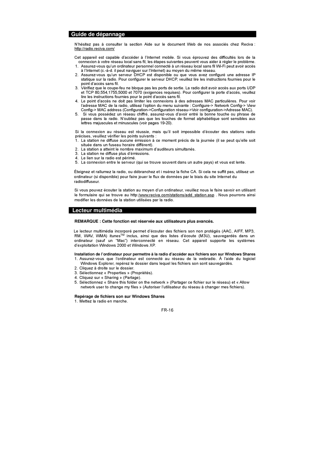 Sanyo R227 instruction manual Guide de dépannage, Lecteur multimédia, FR-16, Repérage de fichiers son sur Windows Shares 