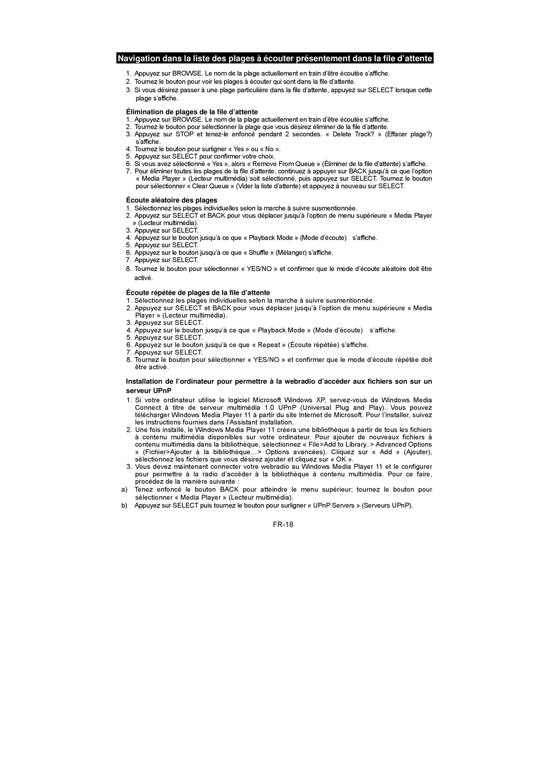 Sanyo R227 instruction manual FR-18, Élimination de plages de la file d’attente, Écoute aléatoire des plages 