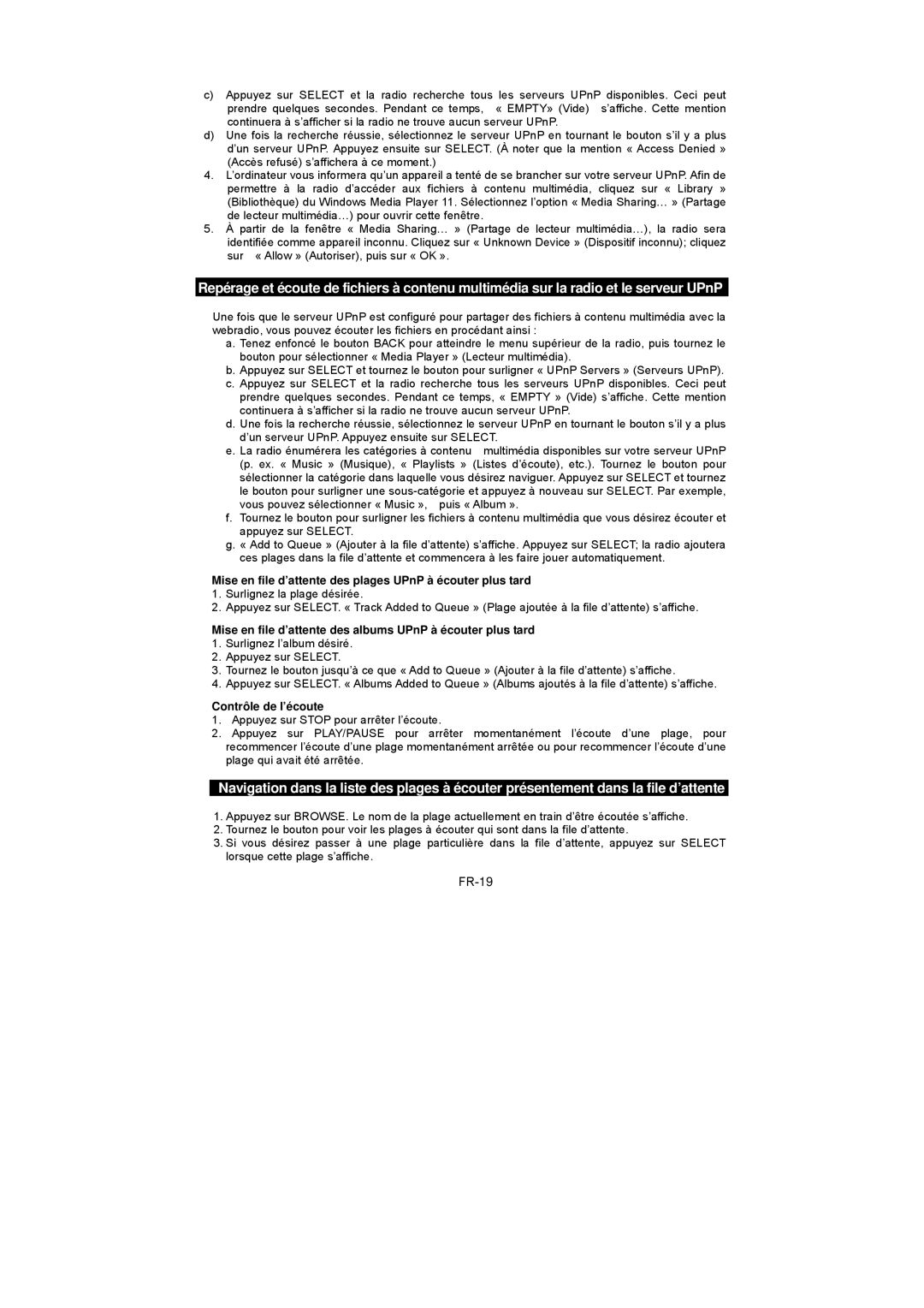 Sanyo R227 instruction manual FR-19, Mise en file d’attente des plages UPnP à écouter plus tard 