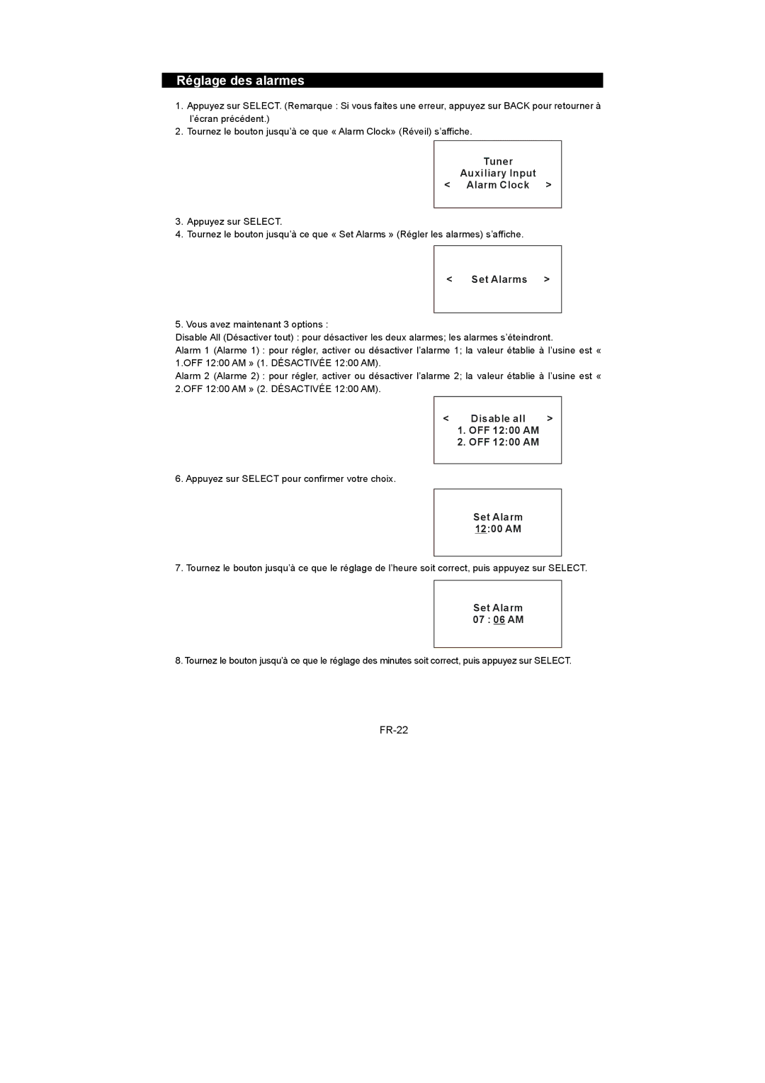 Sanyo R227 instruction manual Réglage des alarmes, FR-22 