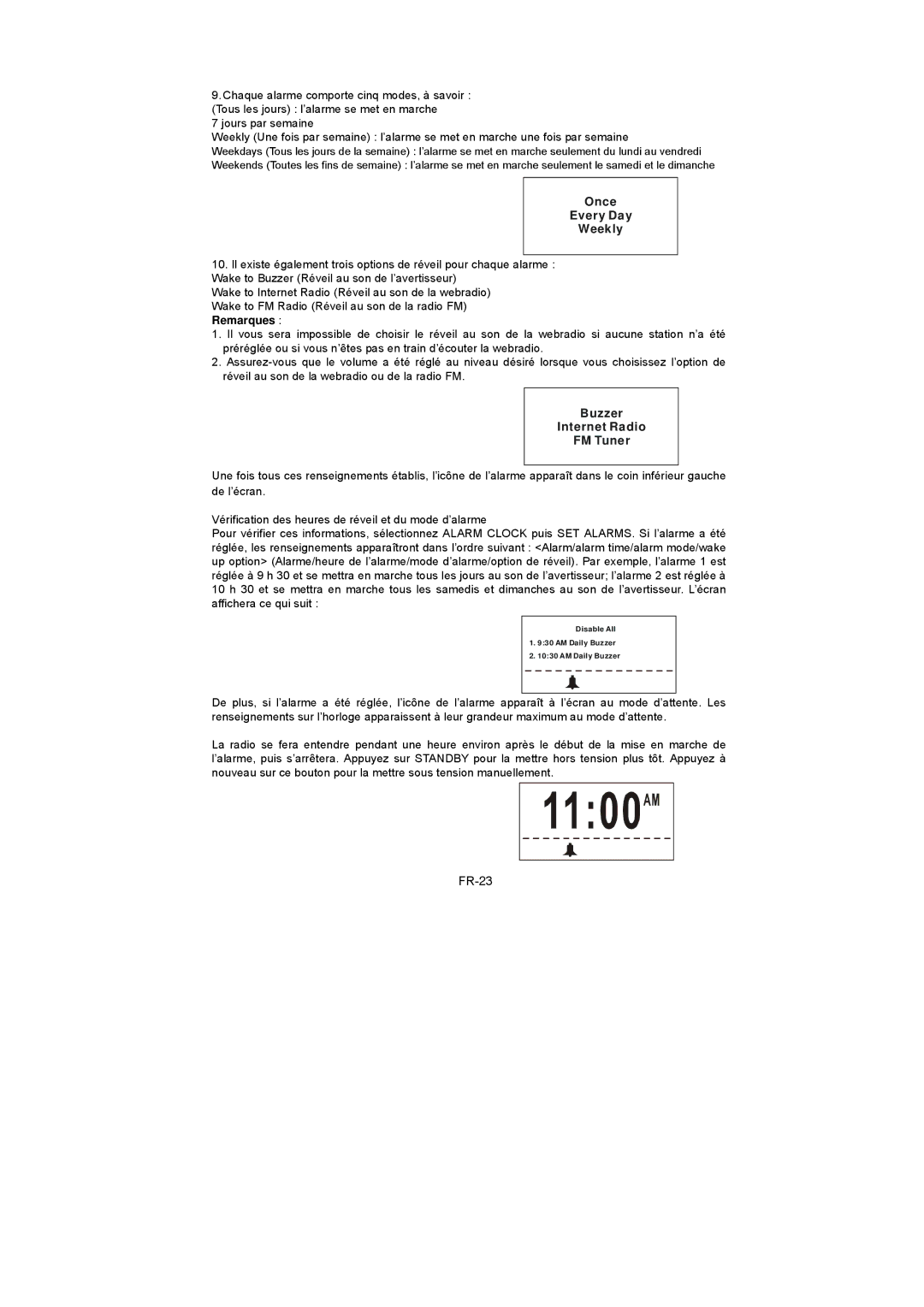 Sanyo R227 instruction manual FR-23, Once Every Day Weekly, Buzzer Internet Radio FM Tuner 