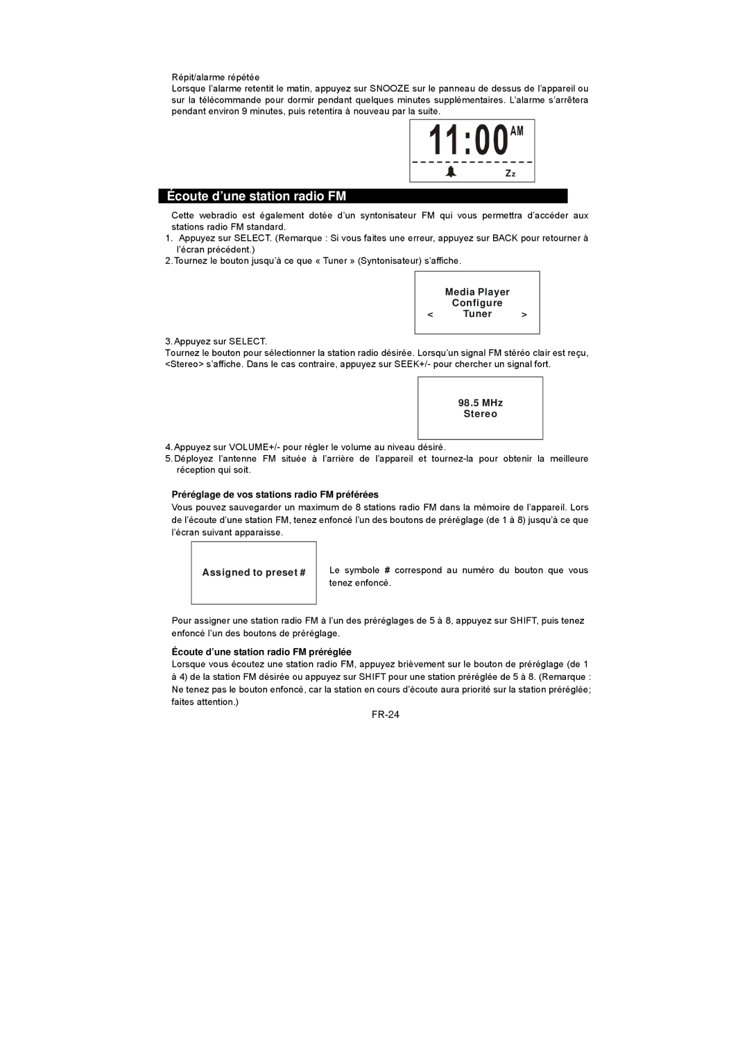 Sanyo R227 instruction manual Écoute d’une station radio FM, FR-24, Media Player Configure Tuner, MHz Stereo 