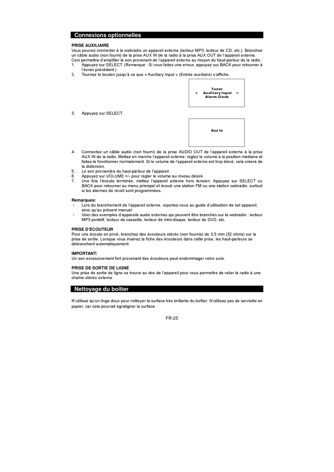 Sanyo R227 instruction manual Connexions optionnelles, Nettoyage du boîtier, FR-25 