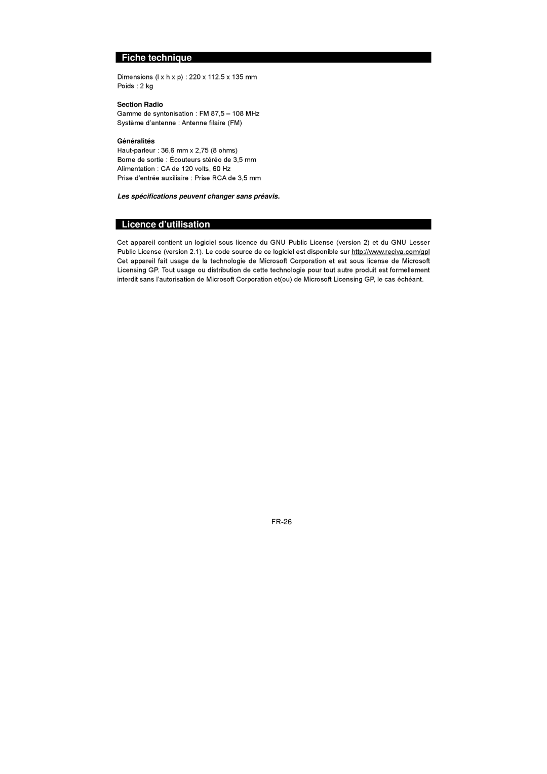 Sanyo R227 instruction manual Fiche technique, Licence d’utilisation, FR-26, Section Radio, Généralités 