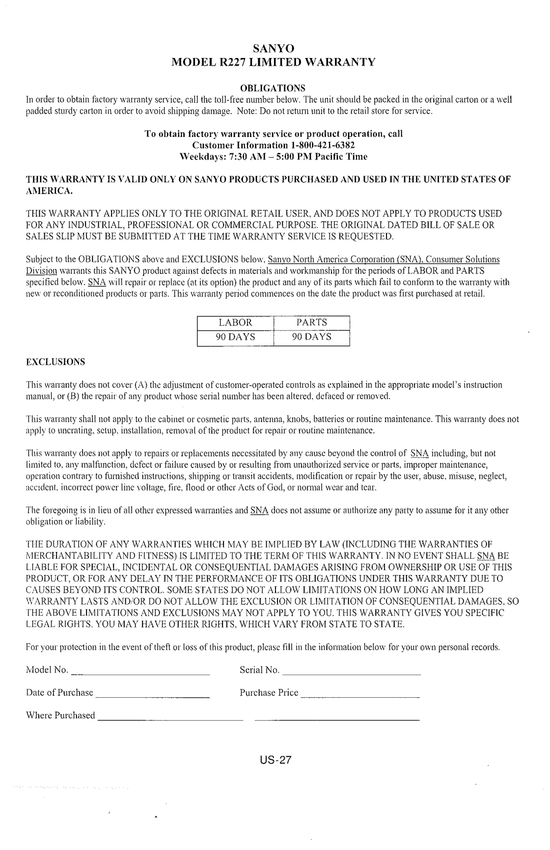 Sanyo R227 manual 