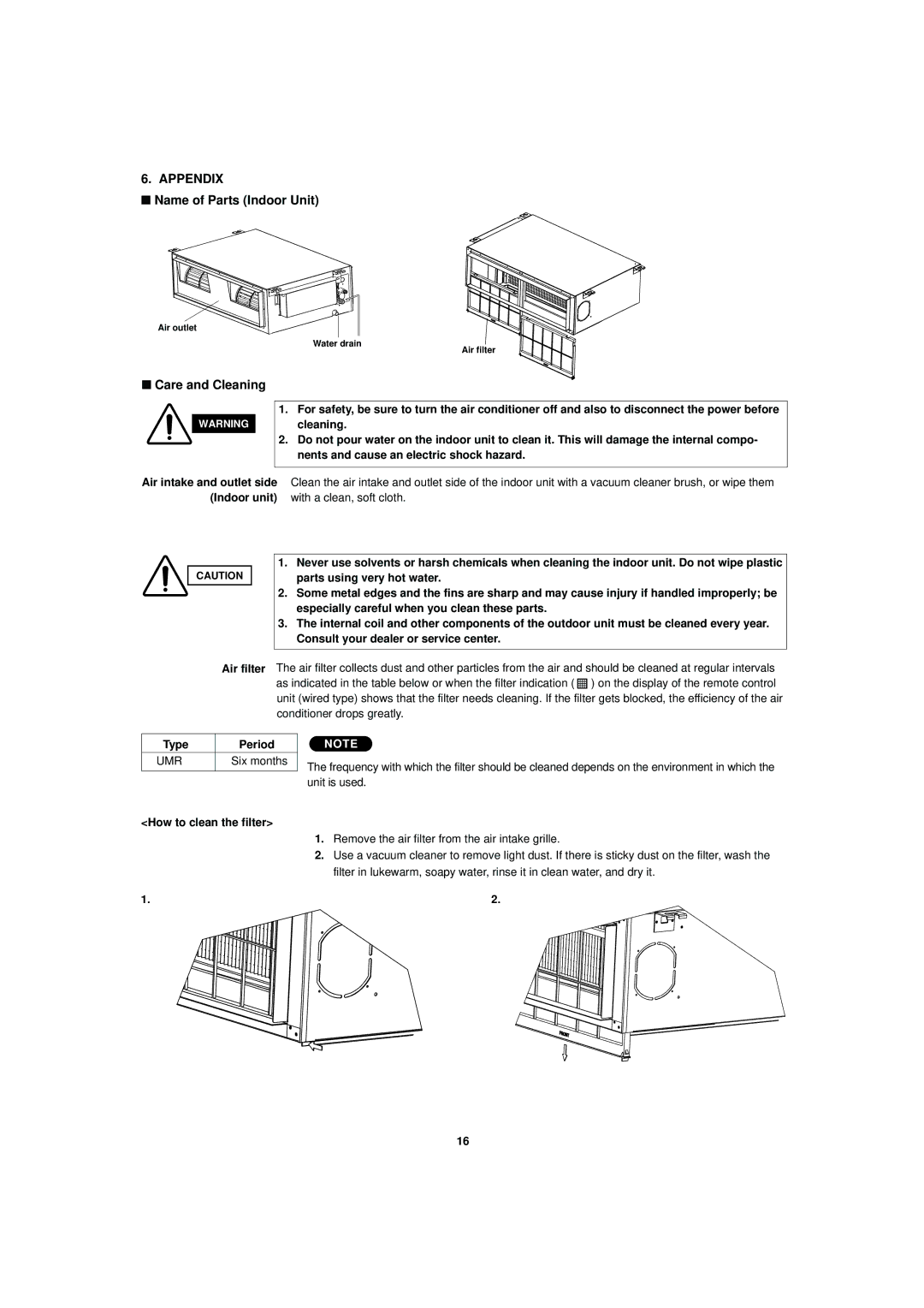 Sanyo R410A operation manual Name of Parts Indoor Unit, Care and Cleaning, Type Period, How to clean the filter 