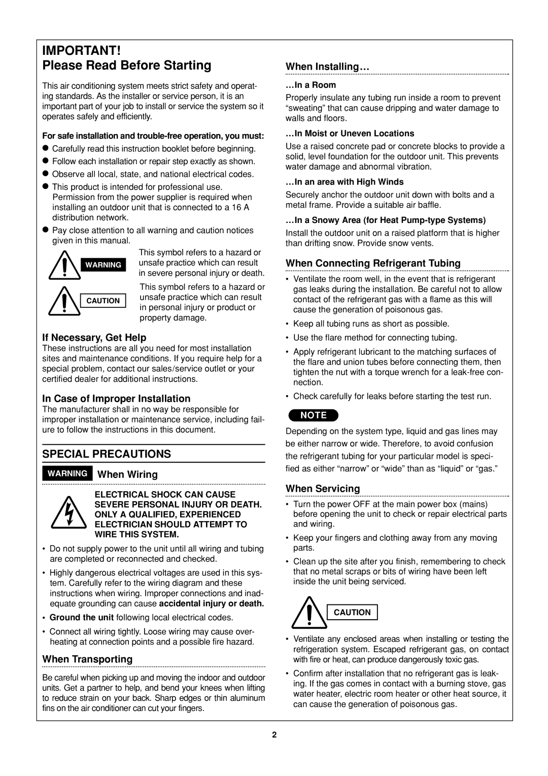 Sanyo R410A operation manual Special Precautions 