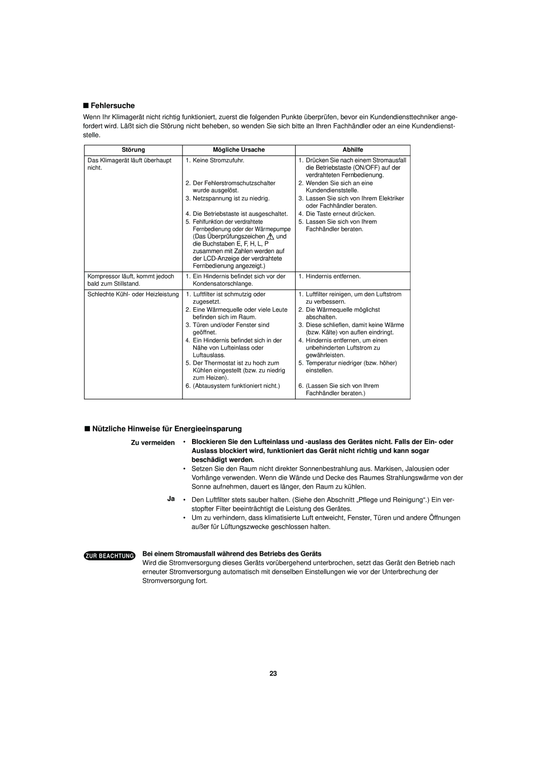 Sanyo R410A operation manual Fehlersuche, Nützliche Hinweise für Energieeinsparung 