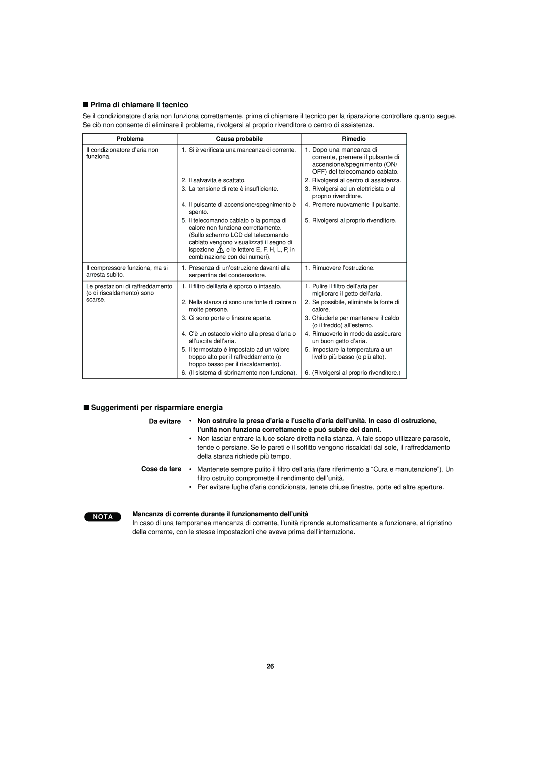 Sanyo R410A operation manual Prima di chiamare il tecnico, Suggerimenti per risparmiare energia 