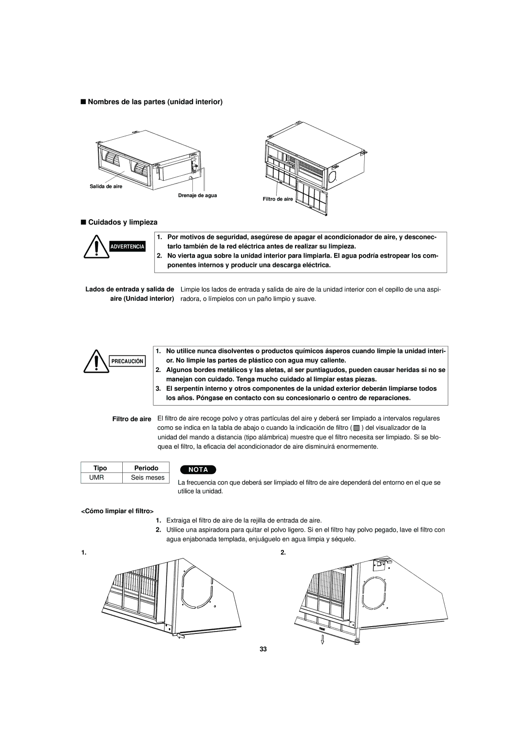 Sanyo R410A operation manual Nombres de las partes unidad interior, Cuidados y limpieza, Cómo limpiar el filtro 