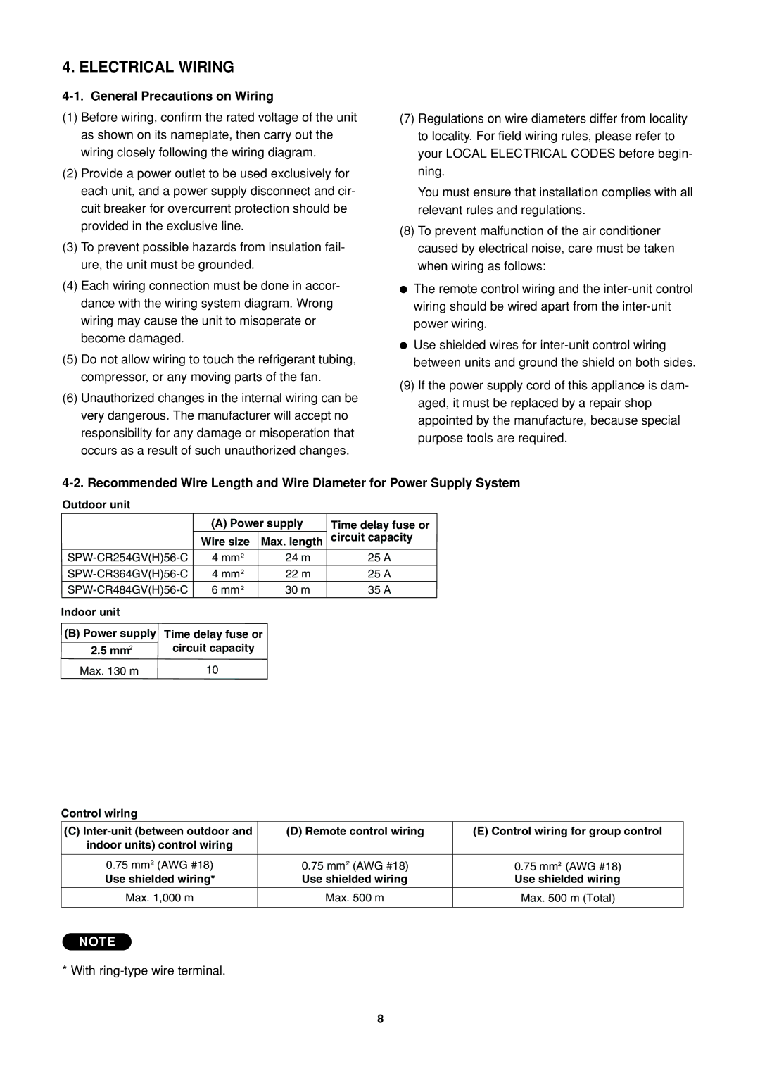 Sanyo R410A operation manual Electrical Wiring, General Precautions on Wiring 