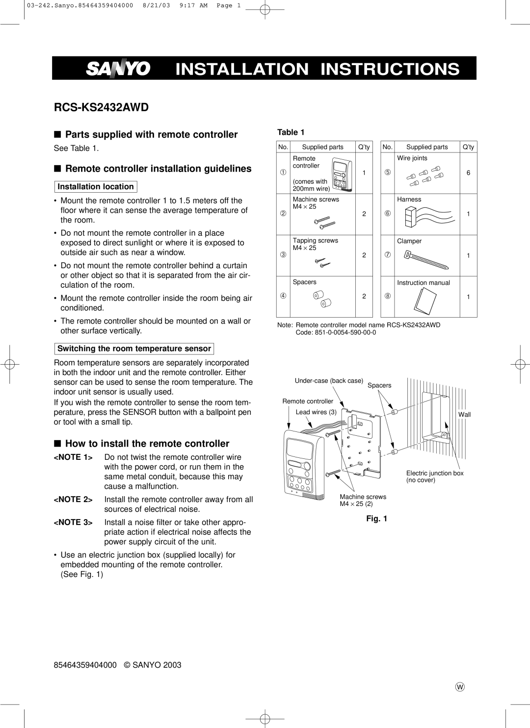 Sanyo RCS-KS2432AWD installation instructions Parts supplied with remote controller, How to install the remote controller 