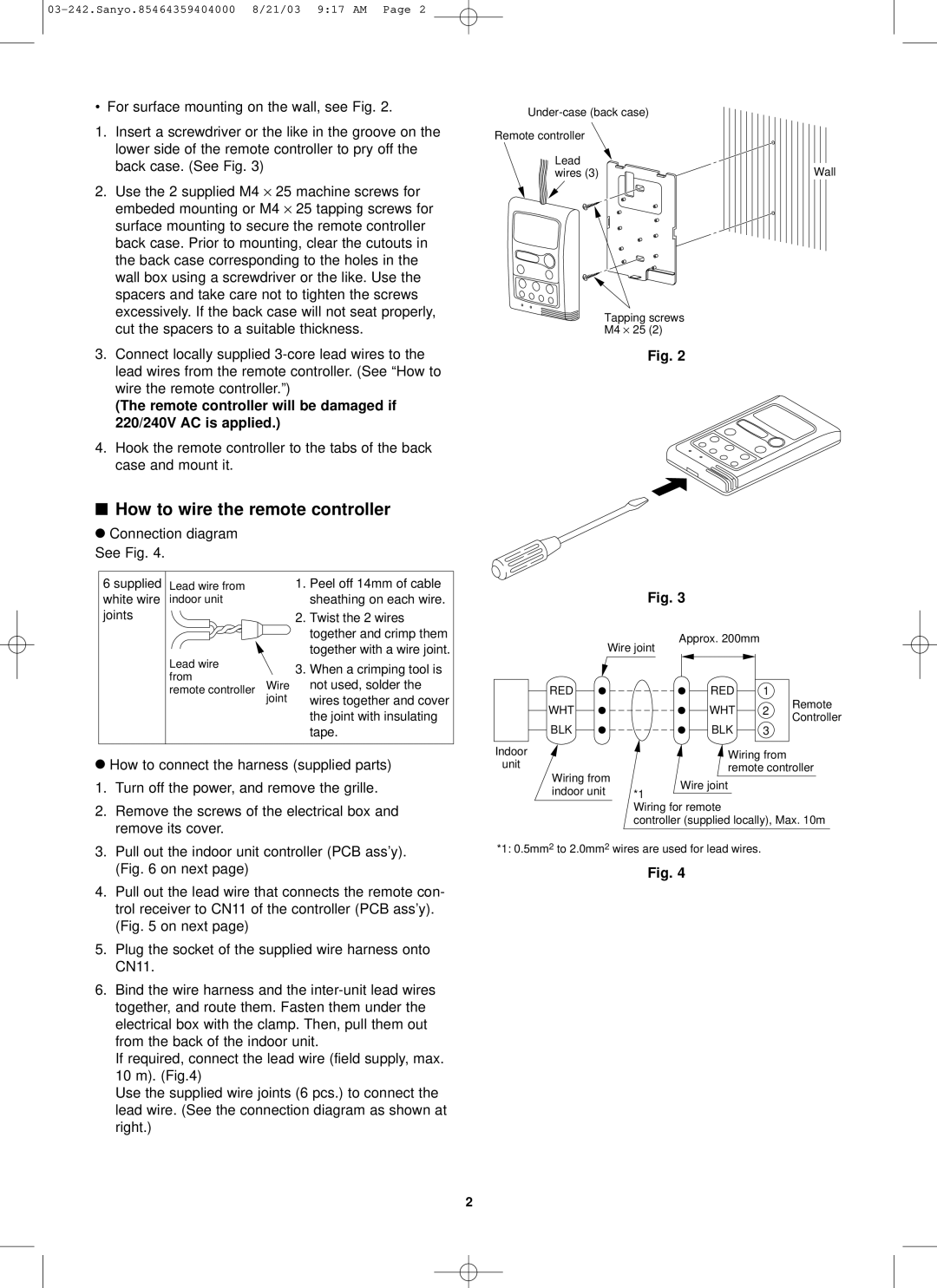 Sanyo RCS-KS2432AWD How to wire the remote controller, Remote controller will be damaged if 220/240V AC is applied 